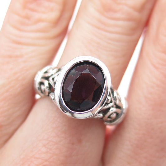 925 Sterling Silver Vintage Real Oval-Cut Amethyst Heart Ornate Ring Size 6.75