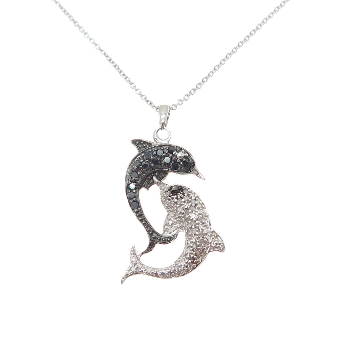 KARIZIA SPA KA-1772 Sterling Silver Black & White Diamond Dolphin Necklace 18"
