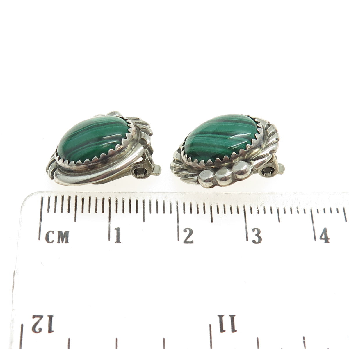 Old Pawn 925 Sterling Silver Vintage Southwestern Malachite Clip On Earrings