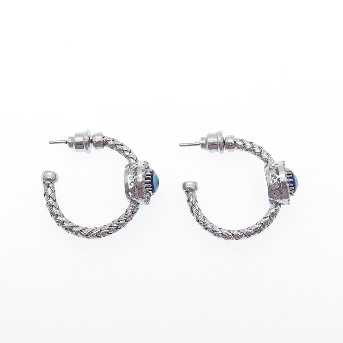 925 Sterling Silver Real Diamond & Enamel Evil Eye Wicker Half Hoop Earrings