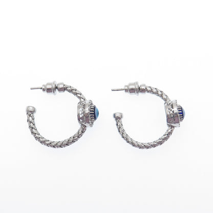 925 Sterling Silver Real Diamond & Enamel Evil Eye Wicker Half Hoop Earrings