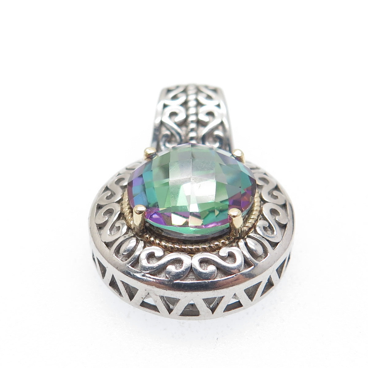 925 Sterling Silver & 14K Gold Real Round-Cut Mystic Topaz Ornate Pendant