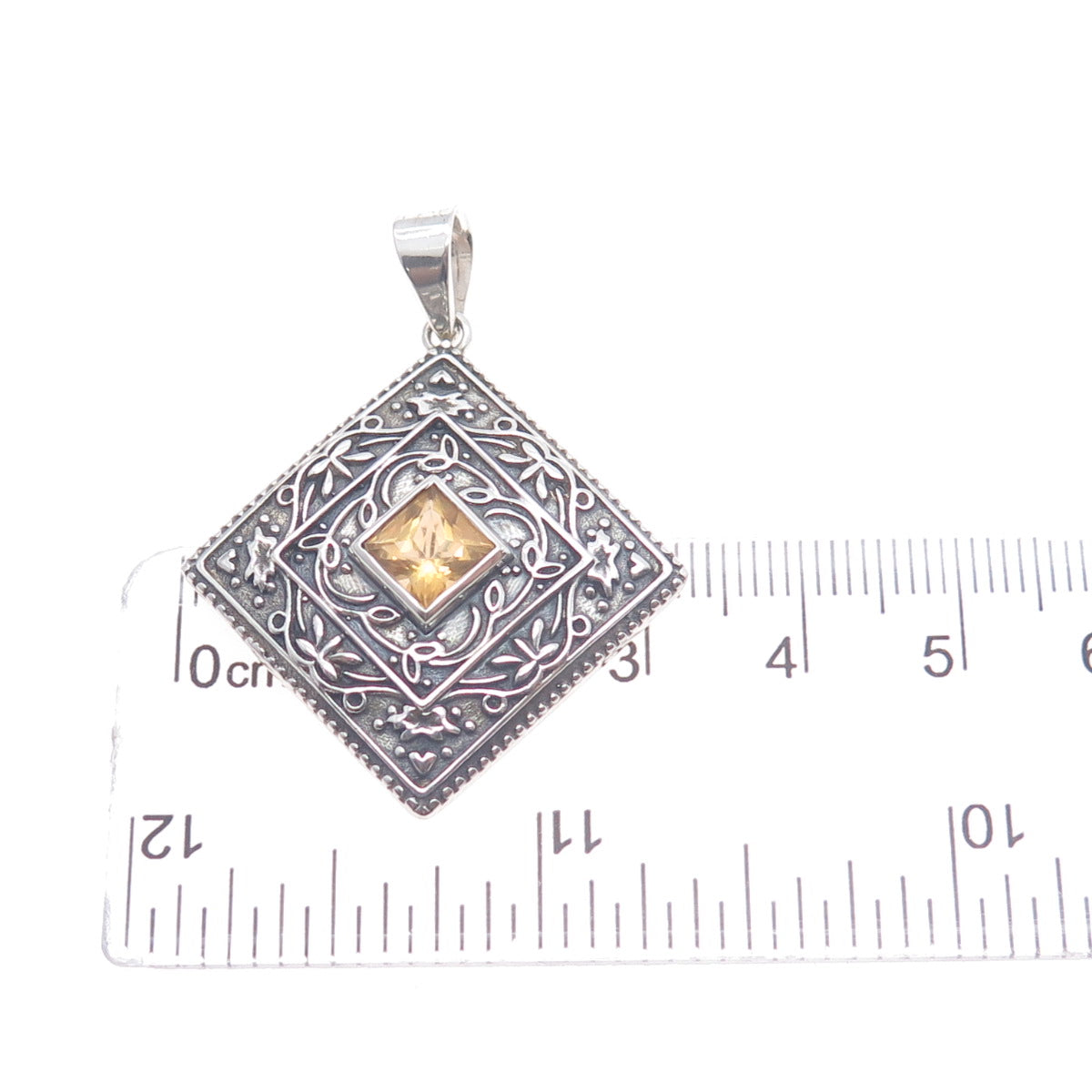 925 Sterling Silver Vintage Real Citrine Ornate Floral Oxidized Charm Pendant