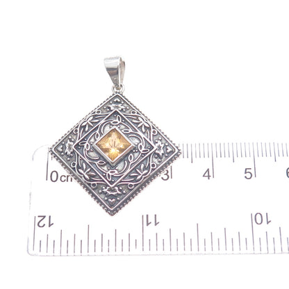 925 Sterling Silver Vintage Real Citrine Ornate Floral Oxidized Charm Pendant