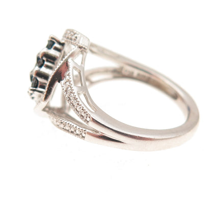 Sun 925 Sterling Silver Real Round-Cut Blue & White Diamond Ring Size 7