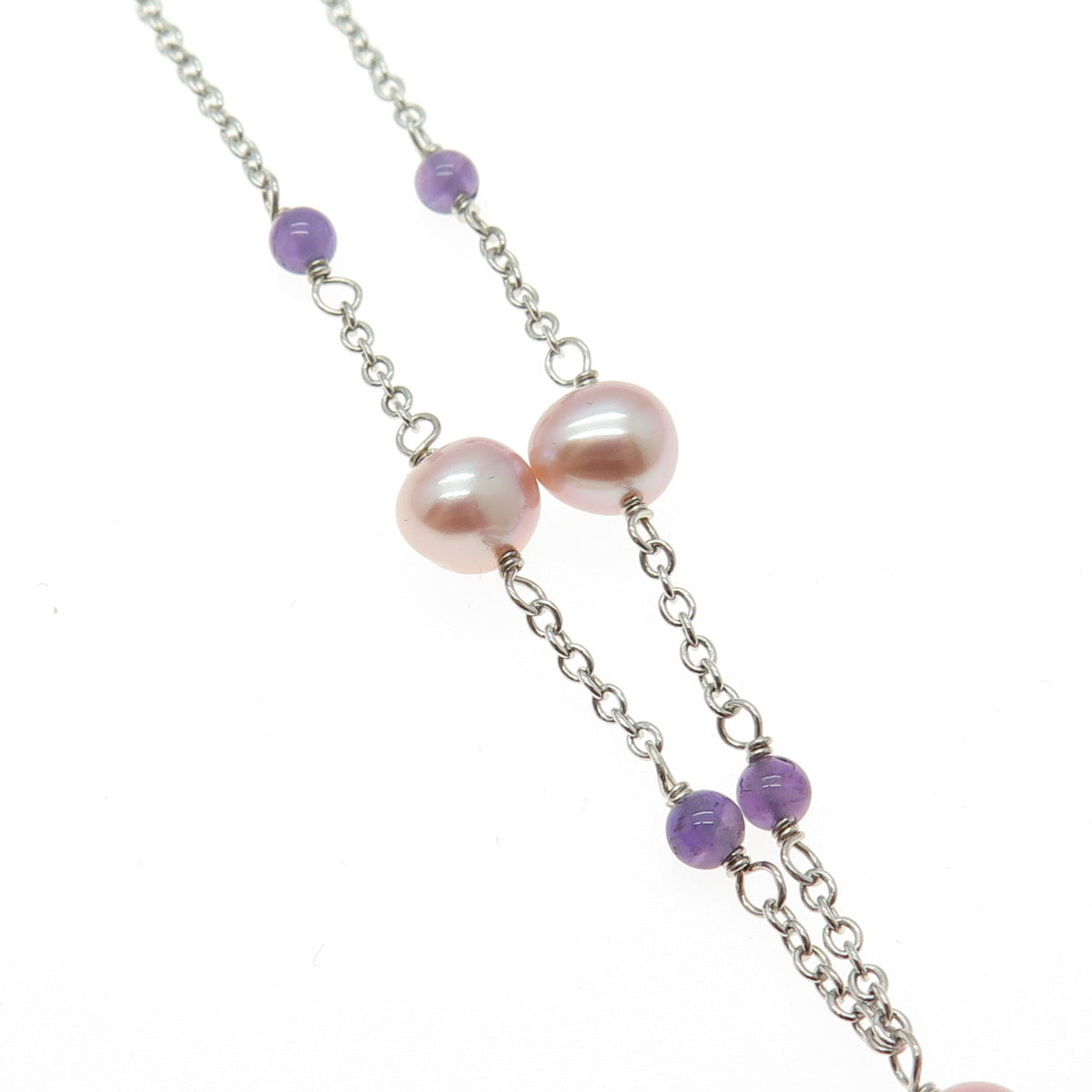 VAR 925 Sterling Silver Real Pearl & Amethyst Cable Chain Necklace 16-18"