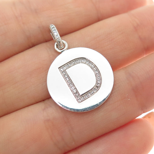 925 Sterling Silver Real Round-Cut Diamond Letter D Initial Tag Charm Pendant