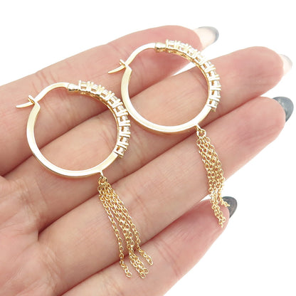 925 Sterling Silver Gold Plated Round-Cut C Z Tassel Hoop Earrings