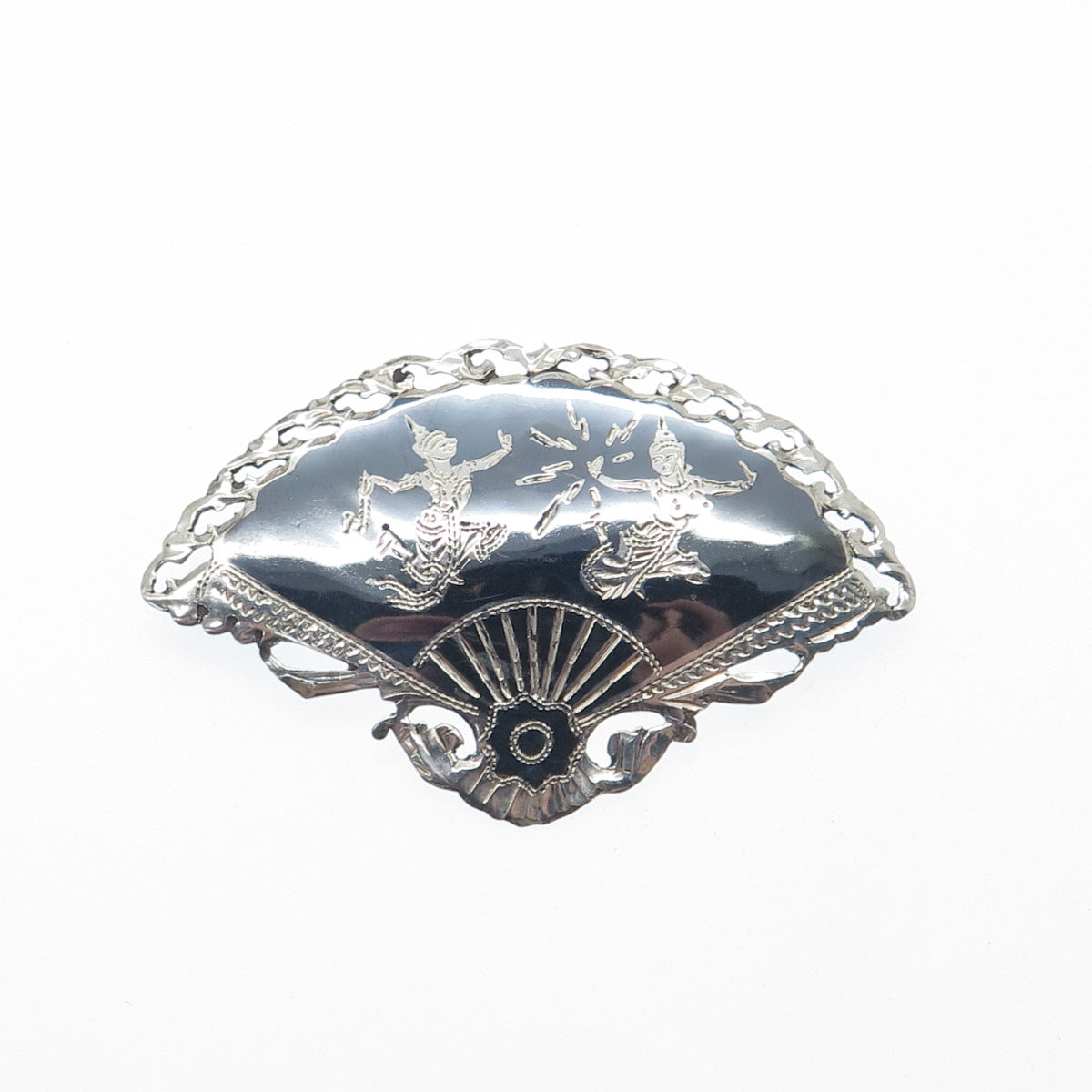 925 Sterling Silver Antique Siam Niello Hindu Goddess Fan Pin Brooch