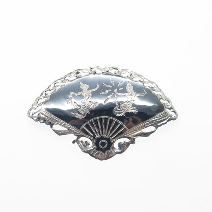 925 Sterling Silver Antique Siam Niello Hindu Goddess Fan Pin Brooch