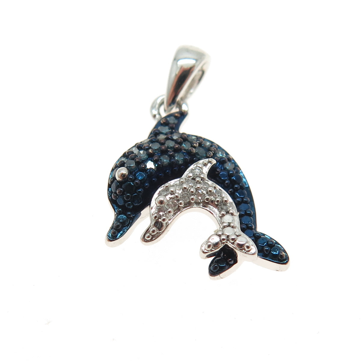 SUN Sterling Silver Real Round-Cut Blue White Diamond Dolphin Minimalist Pendant