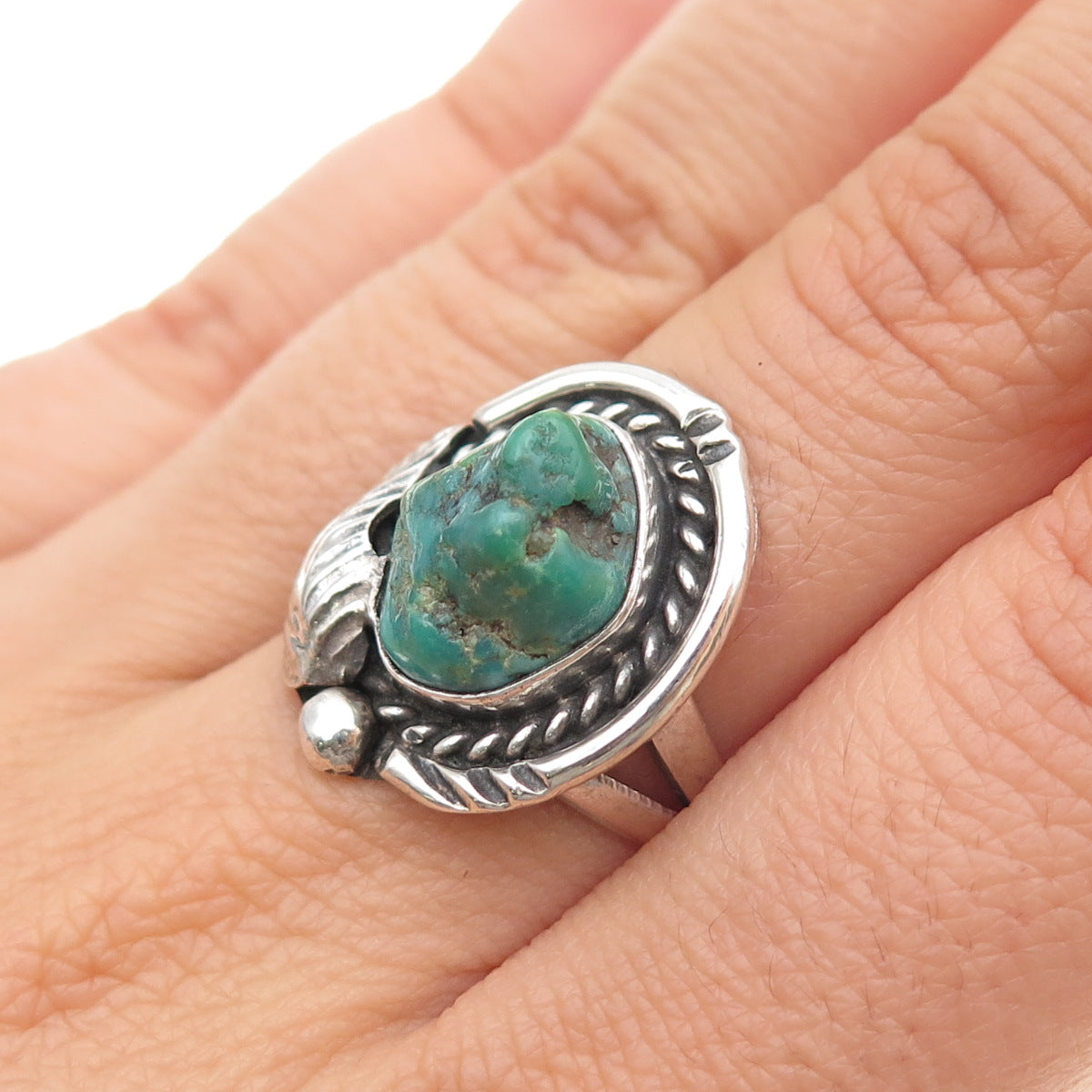 Old Pawn 925 Sterling Silver Vintage Royston Turquoise Feather Ring Size 7.5