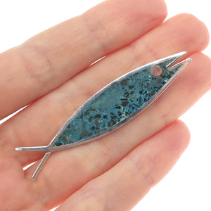 925 Sterling Silver 2-Tone Vintage Mexico Real Azurite Inlay Ichthys Pin Brooch