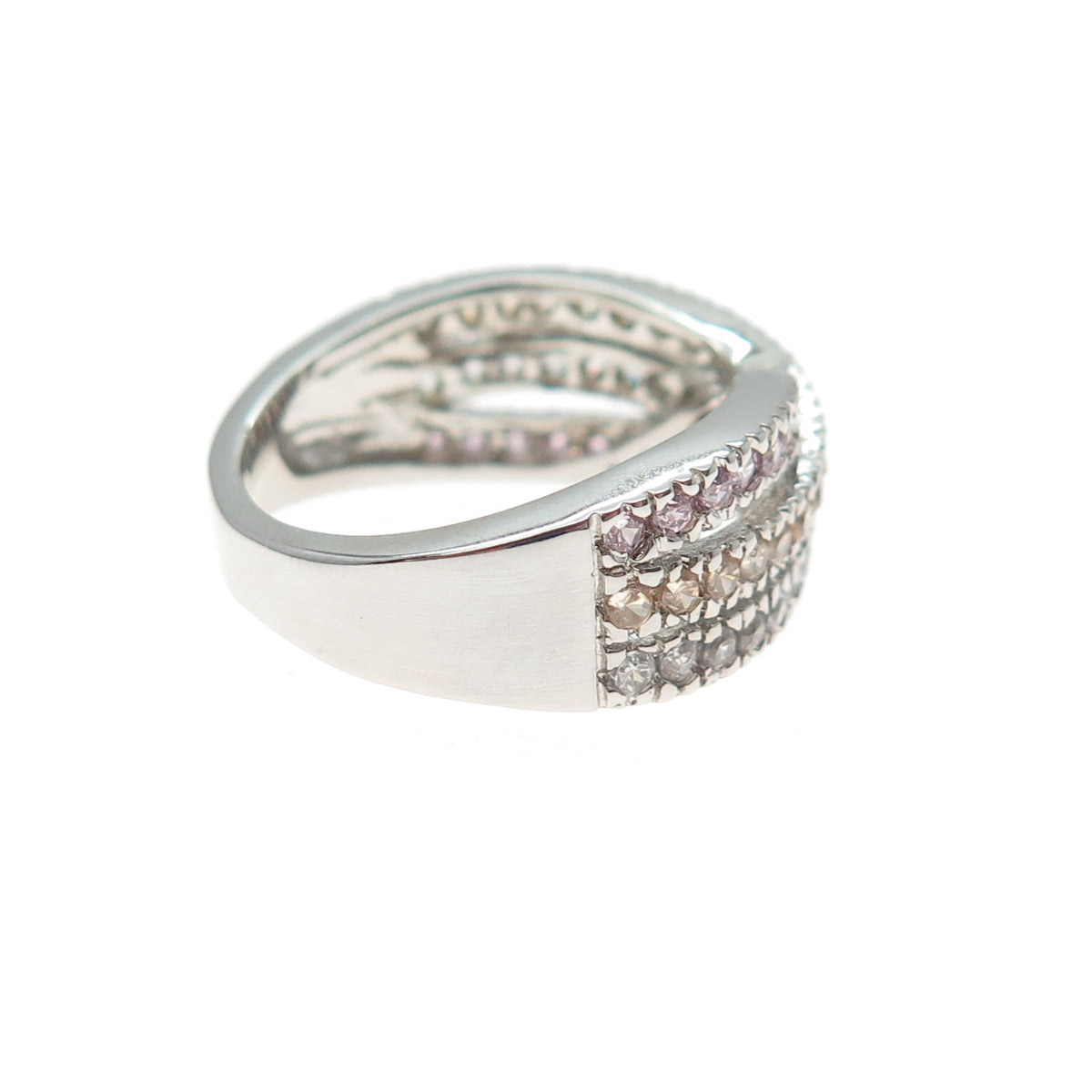 925 Sterling Silver Round-Cut Champagne White & Pink C Z Crisscross Ring Size 6