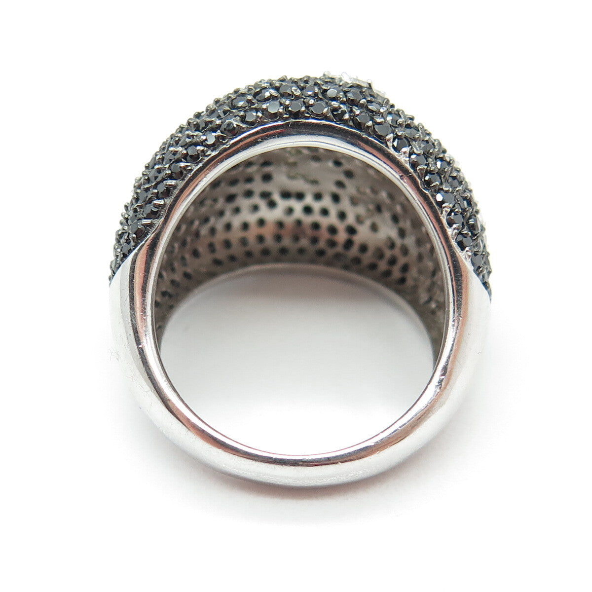 925 Sterling Silver Real Round-Cut Black Spinel & C Z Swirl Dome Ring Size 7.25