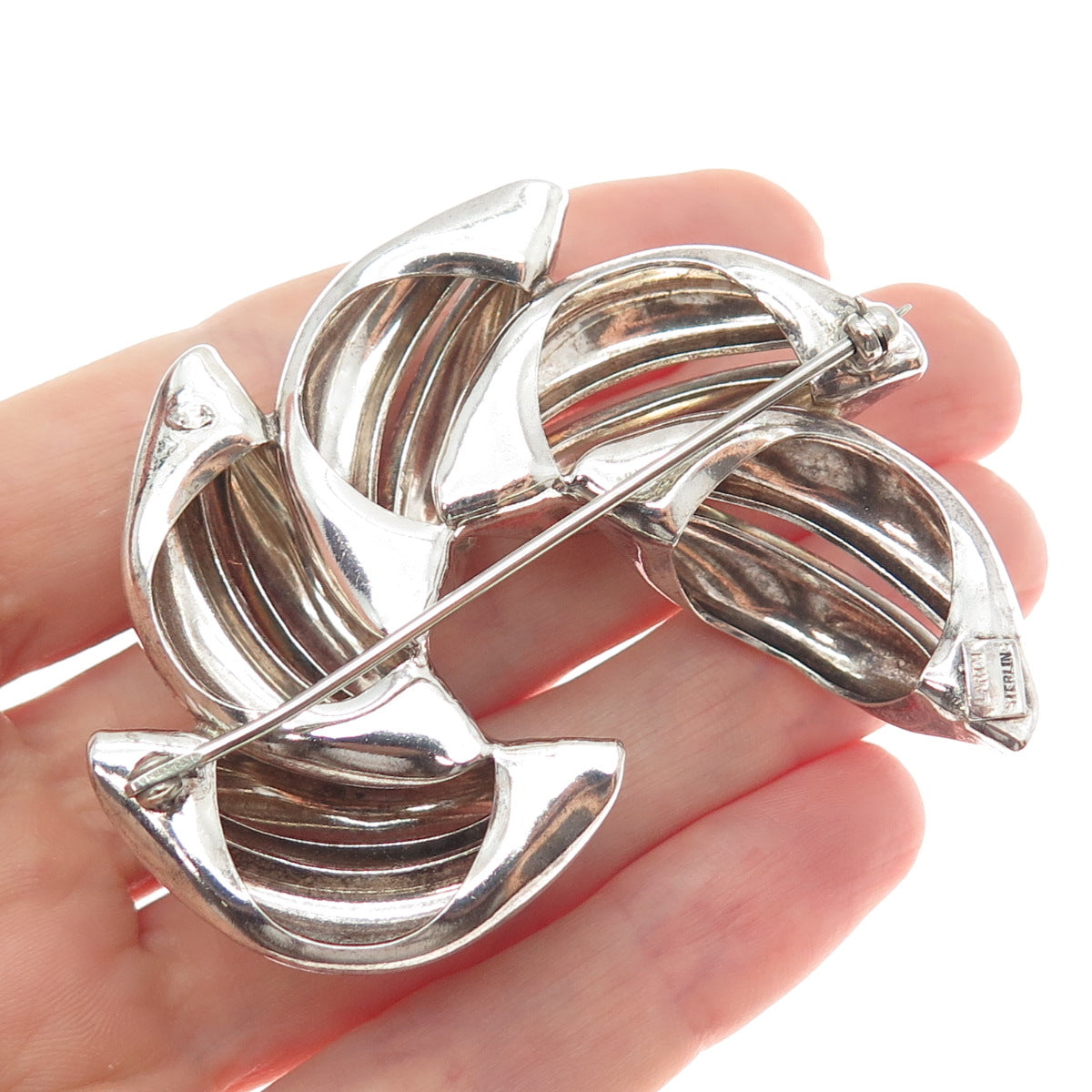 LARTM 925 Sterling Silver Vintage Modernist Floral Oxidized Pin Brooch