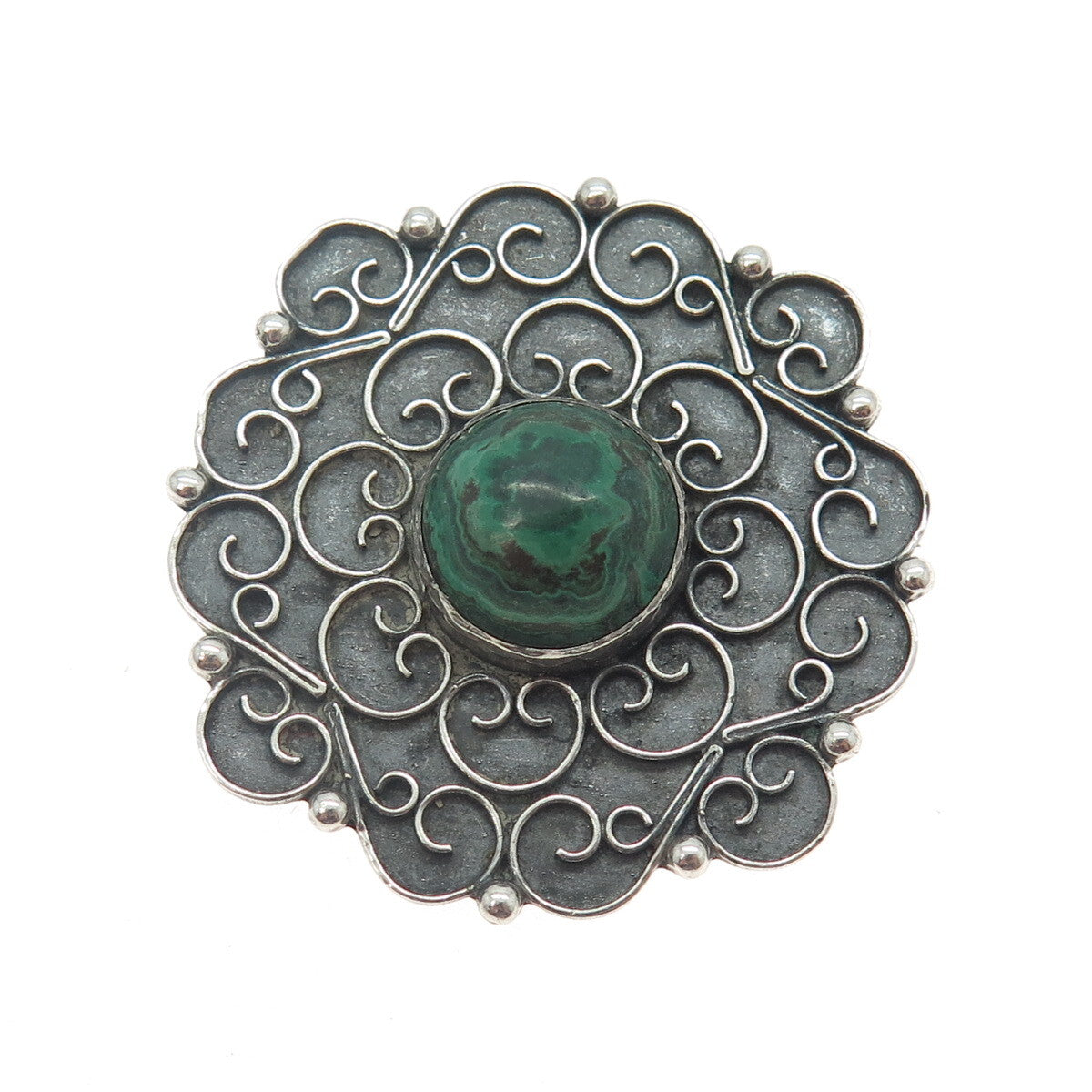 925 Sterling Silver Vintage Real Malachite Floral Ornate Pin Brooch