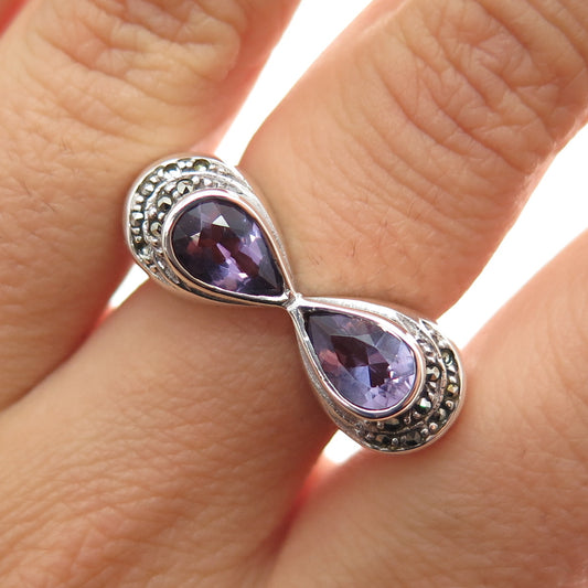 925 Sterling Vintage Real Amethyst & Marcasite Ring Size 6.75 (missing 2 stones)