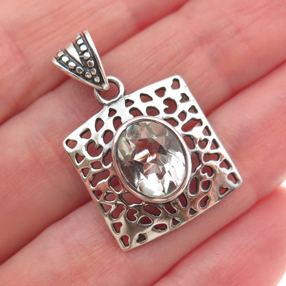 925 Sterling Silver Vintage Real Green Amethyst Modernist Charm Pendant