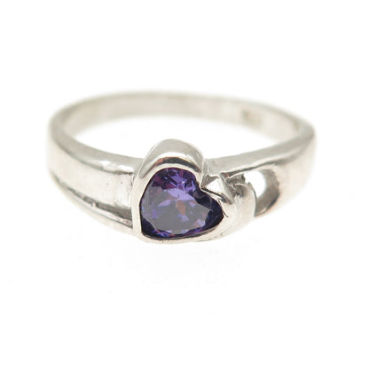 925 Sterling Silver Vintage Heart-Cut Purple C Z Ring Size 6.25