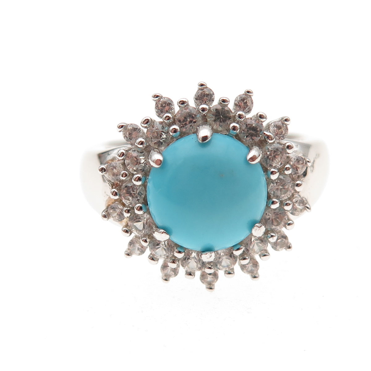 925 Sterling Silver Real Turquoise & White Topaz Floral Ring Size 8.25