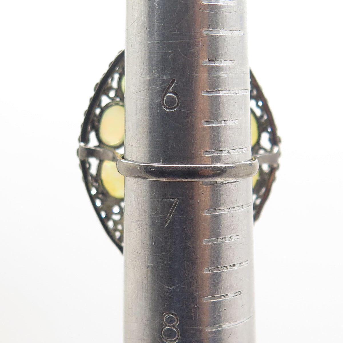 925 Sterling Silver Black Rhodium Real Opal & White Topaz Cluster Ring Size 6.75