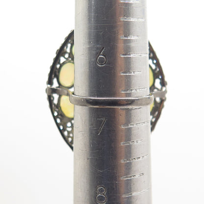 925 Sterling Silver Black Rhodium Real Opal & White Topaz Cluster Ring Size 6.75