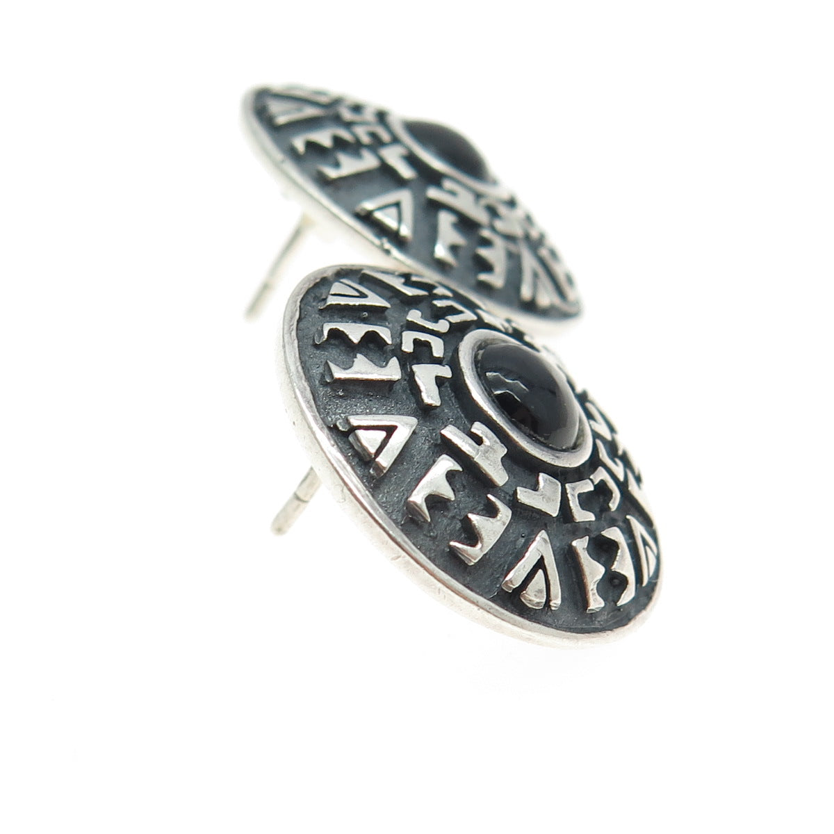 925 Sterling Silver Vintage Real Black Onyx Aztec Symbols Round Earrings