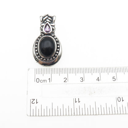 925 Sterling Silver Vintage Real Black Onyx & Amethyst Oxidized Charm Pendant