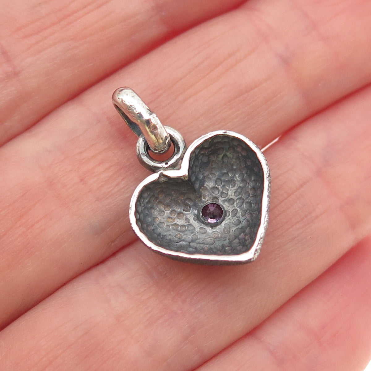 925 Sterling Silver Vintage VFH London Purple C Z Heart Mini Charm Pendant