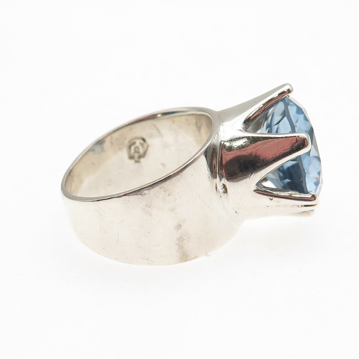925 Sterling Silver Vintage Mexico Round-Cut Blue C Z Modernist Ring Size 7