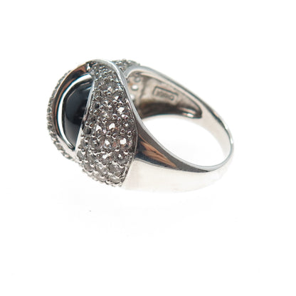 925 Sterling Silver Vintage Real Black Onyx & White Topaz Modernist Ring Size 7