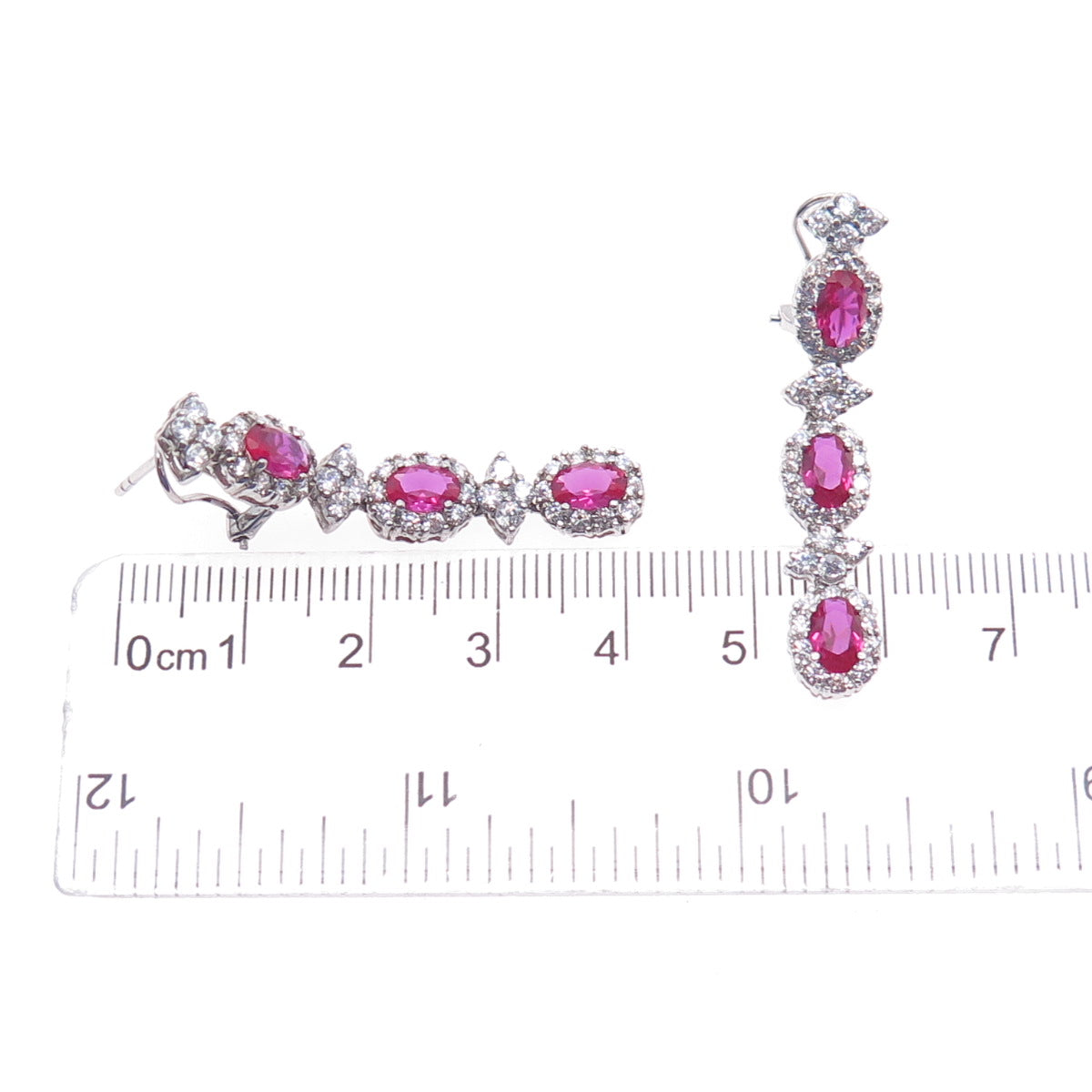 925 Sterling Silver Lab-Created Ruby & C Z Dangle Omega Back Earrings