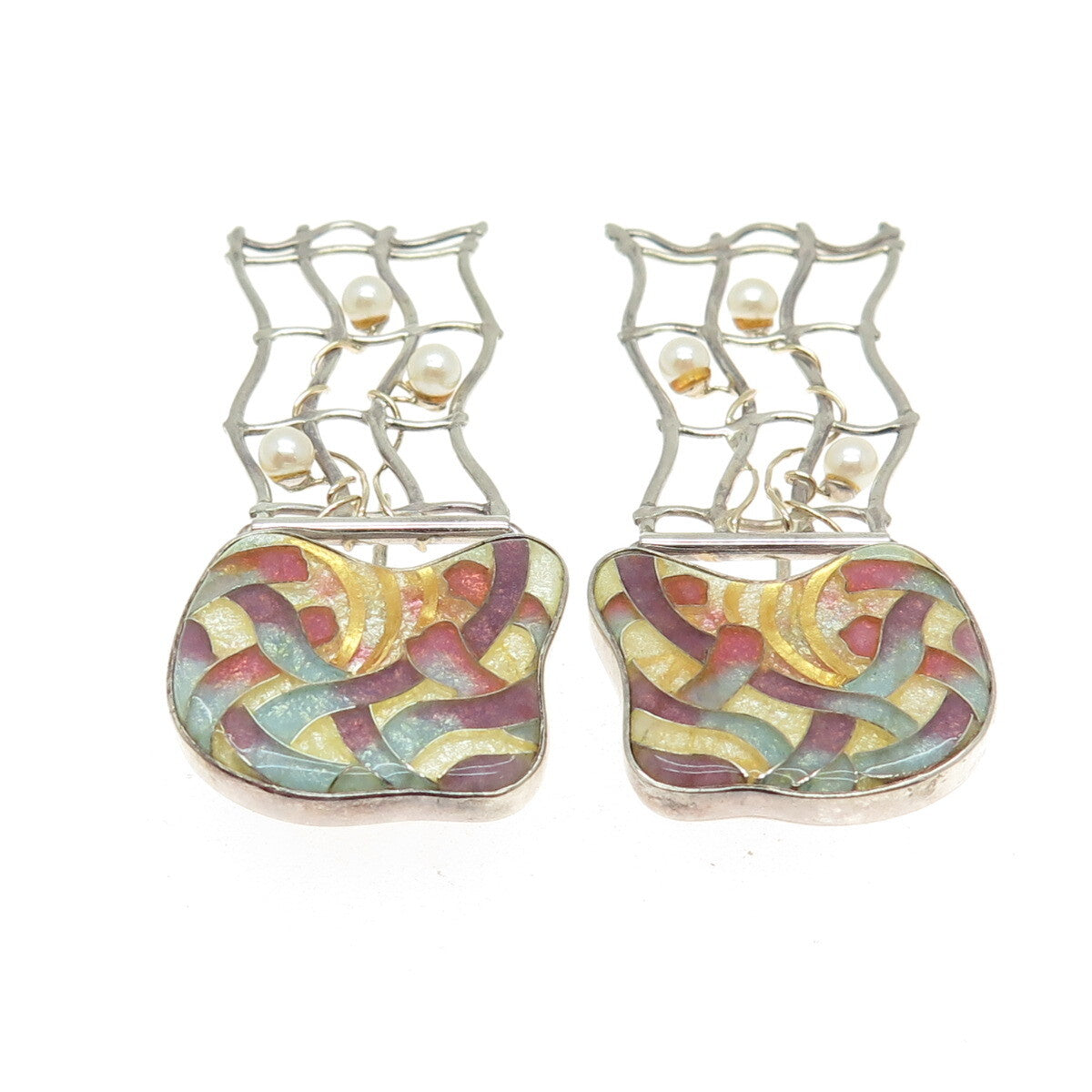 BRANDON WILLIAMS Sterling Silver Vintage Glass & Real Pearl Modernist Earrings