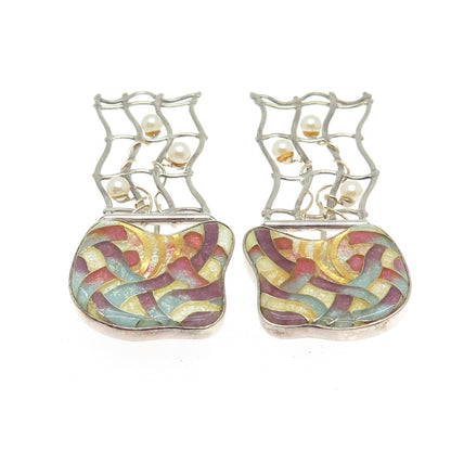 BRANDON WILLIAMS Sterling Silver Vintage Glass & Real Pearl Modernist Earrings