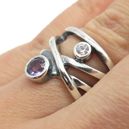 925 Sterling Silver Vintage Real Amethyst & C Z Modernist Ring Size 7.25