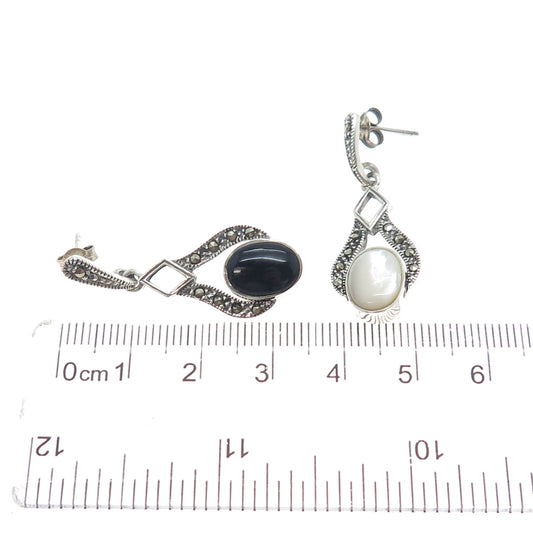 925 Sterling Silver Vintage Black Onyx MOP Marcasite Reversible Dangle Earrings