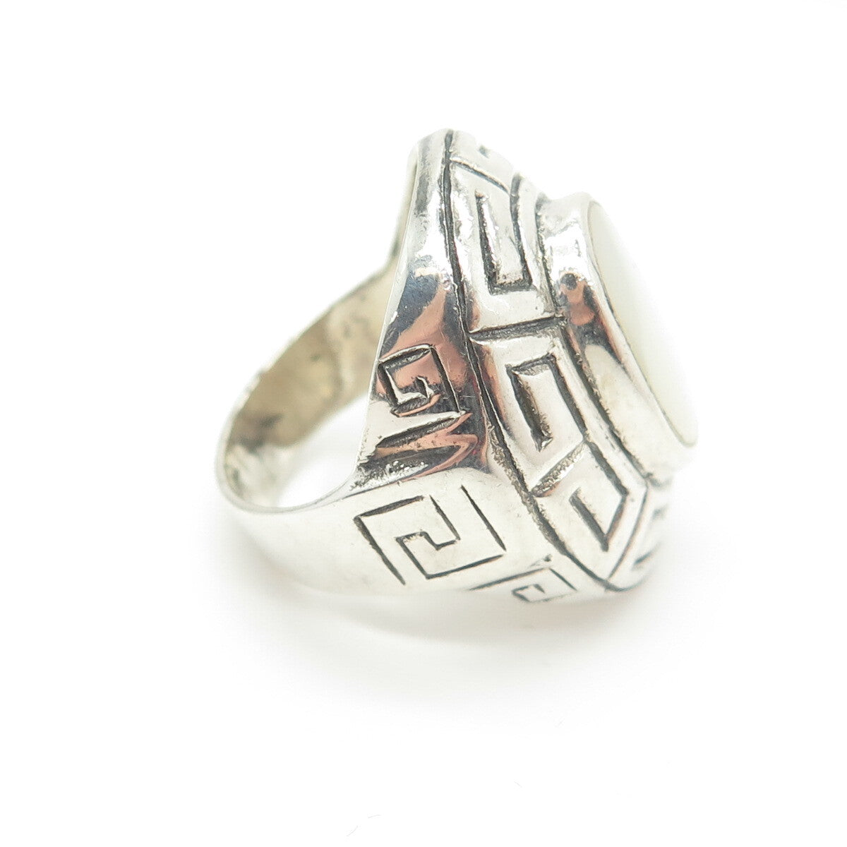 925 Sterling Silver Vintage Real Mother-of-Pearl Greek Maze Ring Size 6.5