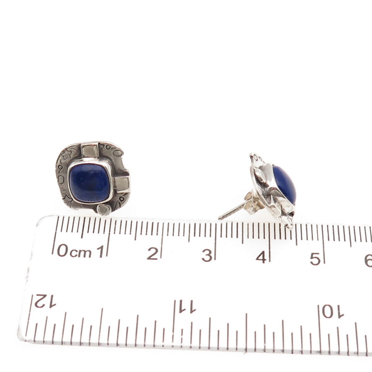 925 Sterling Silver Vintage Real Lapis Lazuli Modernist Stud Earrings