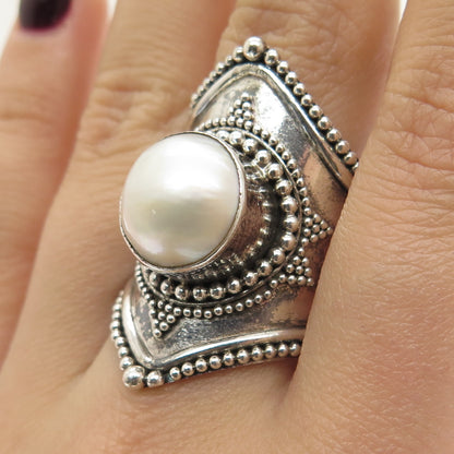 925 Sterling Silver Vintage Real Pearl Boho Beaded Statement Ring Size 7.5