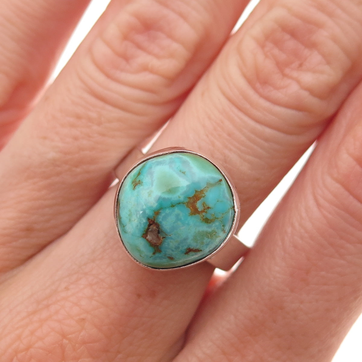 925 Sterling Silver Vintage Real Turquoise Modernist Ring Size 6.5