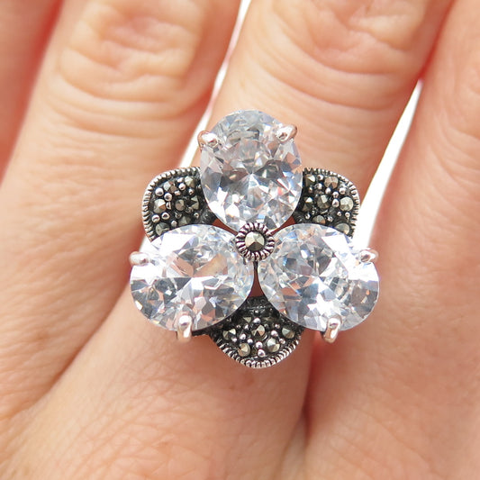 925 Sterling Silver Vintage Real Marcasite & Pear-Cut C Z Flower Ring Size 7