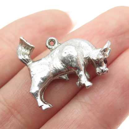 925 Sterling Silver Antique Art Deco Red Rhinestone Bull Minimalist 3D Pendant