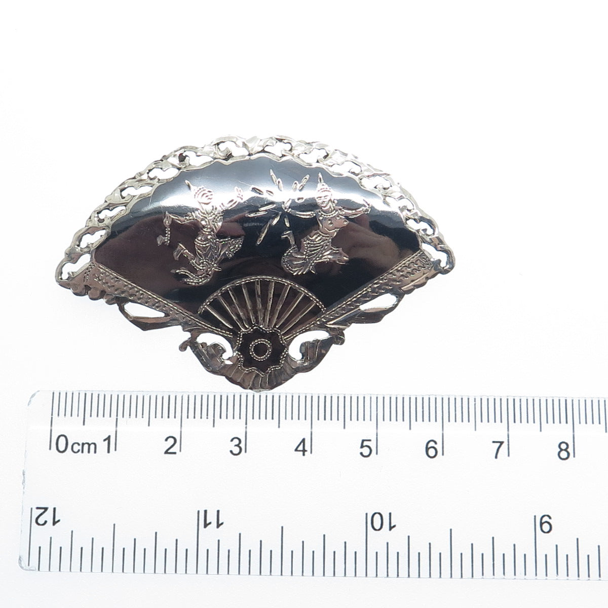 925 Sterling Silver Antique Siam Niello Hindu Goddess Fan Pin Brooch