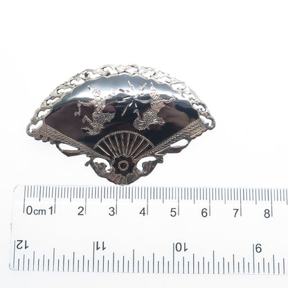 925 Sterling Silver Antique Siam Niello Hindu Goddess Fan Pin Brooch