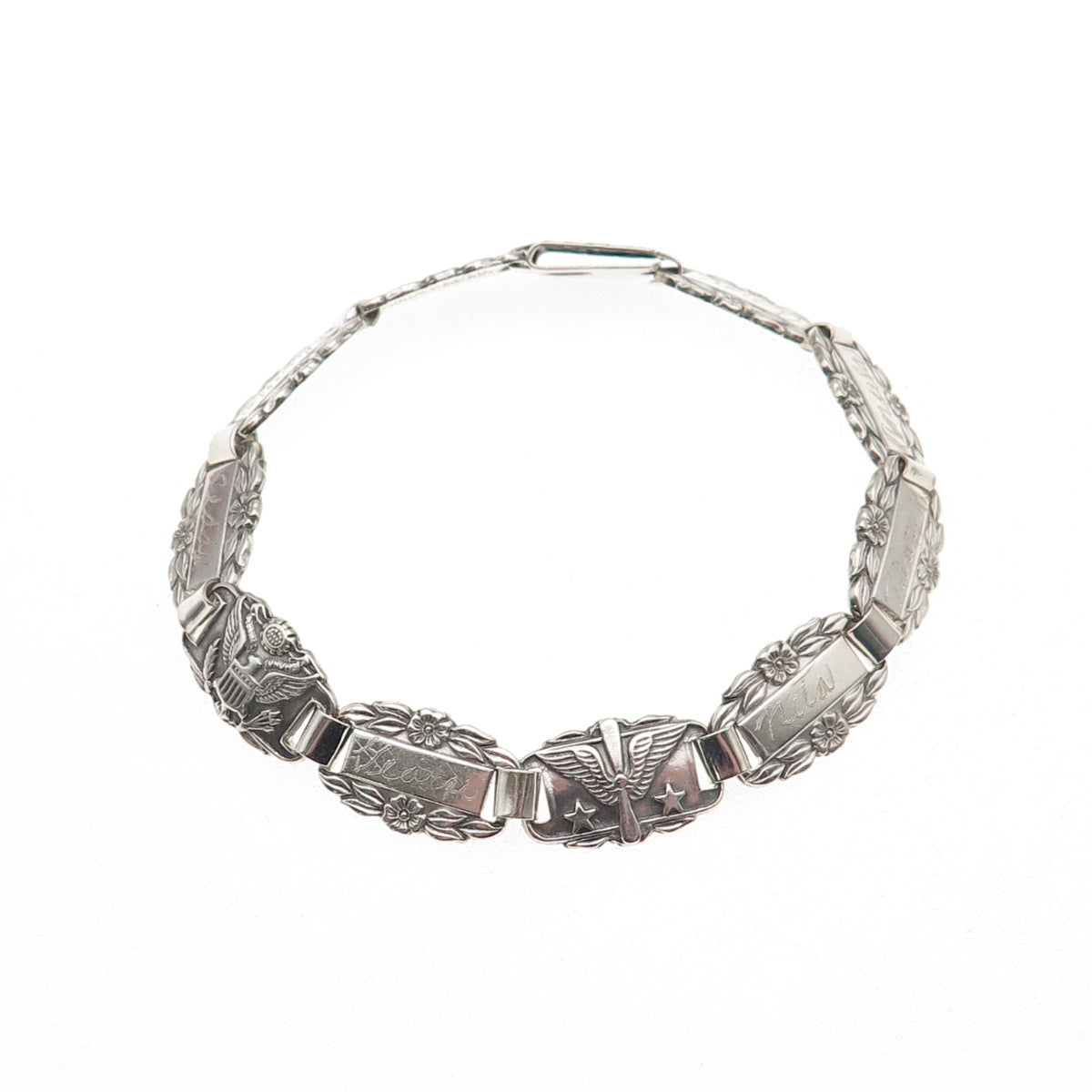 925 Sterling Silver Antique WWII US Air Force Forget Me Not Bracelet 7.5"