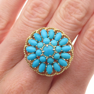 925 Sterling Silver Gold Plated Real Turquoise Floral Cluster Ring Size 9.25