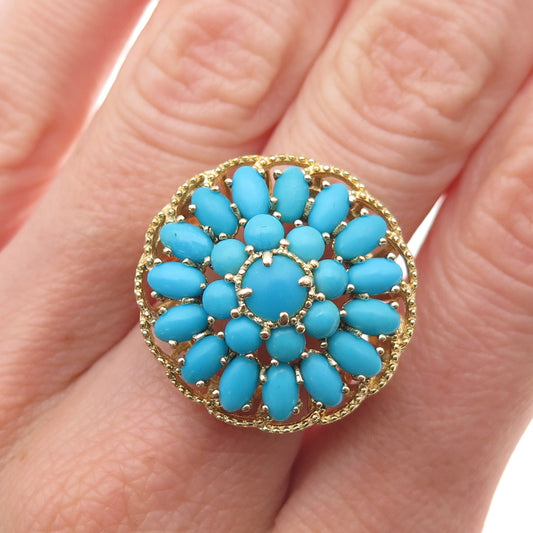 925 Sterling Silver Gold Plated Real Turquoise Floral Cluster Ring Size 9.25