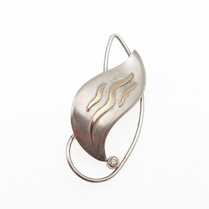 925 Sterling Silver 2-Tone Vintage Round-Cut C Z Modernist Floral Pin Brooch