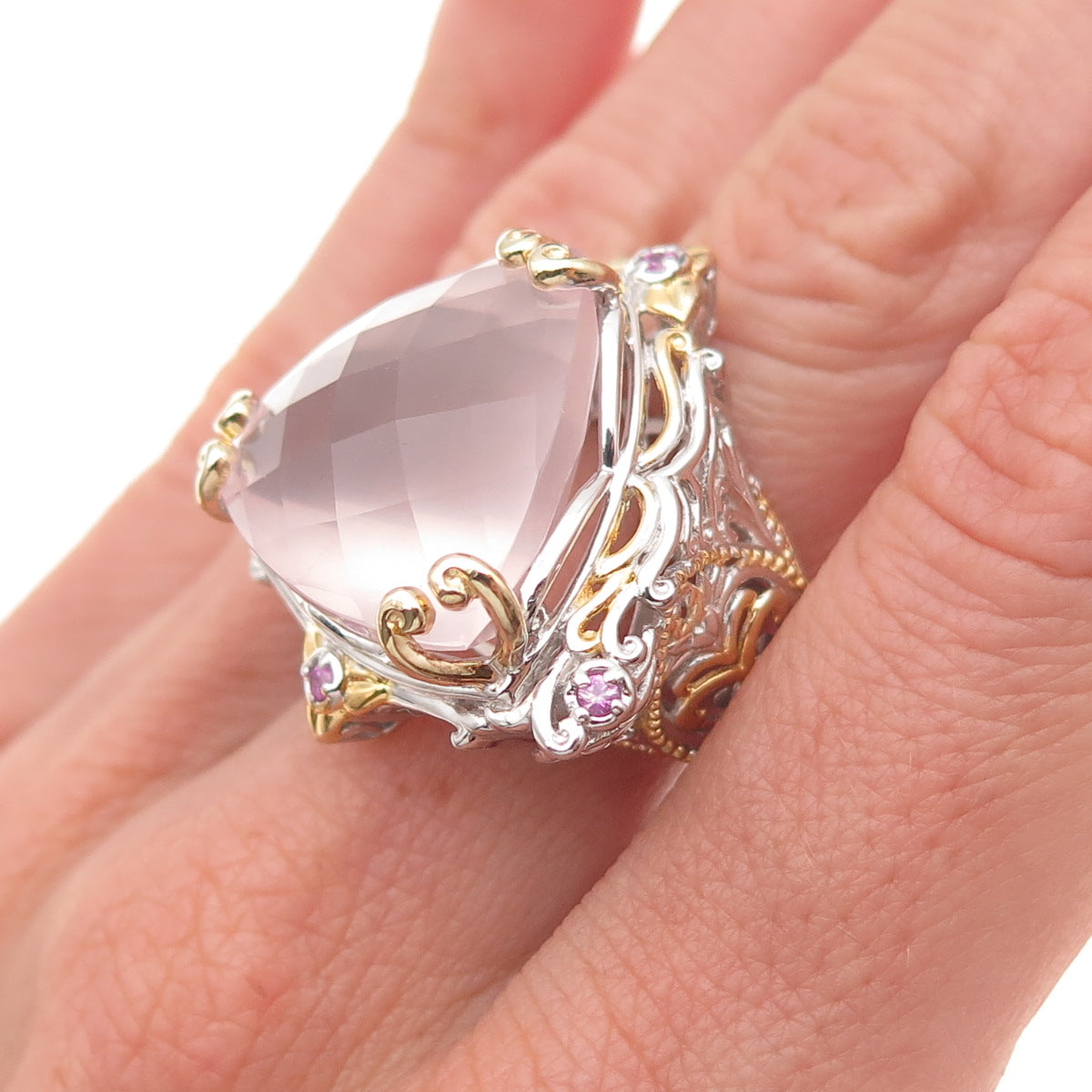 Michael Valitutti Gems En Vogue 925 Sterling Rose Quartz Sapphire Ring Size 8.25